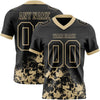 Custom Football Jersey – Graphic Splash Pattern Black Vegas Gold Short Sleeve – front and back view