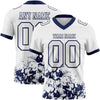 Custom Football Jersey – Graphic Splash Pattern White Navy Short Sleeve – front and back view