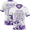 Custom Football Jersey – Graphic Splash Pattern White Purple Short Sleeve – front and back view