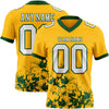 Custom Football Jersey – Graphic Splash Pattern Gold White Green Short Sleeve – front and back view