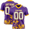 Custom Football Jersey – Graphic Splash Pattern Purple White Gold Short Sleeve – front and back view