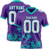Custom Football Jersey – Graphic Splash Pattern Purple White Aqua Short Sleeve – front and back view
