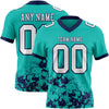 Custom Football Jersey – Graphic Splash Pattern Aqua White Navy Short Sleeve – front and back view