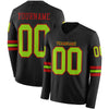 Custom Hockey Jersey – Triple Stripes Black Neon Green Red Long Sleeve – front and back view