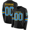 Custom Hockey Jersey – Triple Stripes Black Powder Blue Yellow Long Sleeve – front and back view