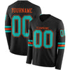 Custom Hockey Jersey – Triple Stripes Black Aqua Orange Long Sleeve – front and back view