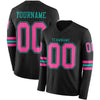 Custom Hockey Jersey – Triple Stripes Black Pink Aqua Long Sleeve – front and back view