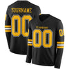 Custom Hockey Jersey – Triple Stripes Black Gold White Long Sleeve – front and back view