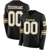 Custom Hockey Jersey – Triple Stripes Black White Old Gold Long Sleeve – front and back view