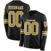 Custom Hockey Jersey – Triple Stripes Black Old Gold White Long Sleeve – front and back view