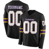 Custom Hockey Jersey – Triple Stripes Black White Old Gold Purple Long Sleeve – front and back view