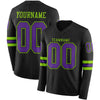 Custom Hockey Jersey – Triple Stripes Black Purple Neon Green Long Sleeve – front and back view