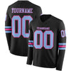 Custom Hockey Jersey – Triple Stripes Black Light Blue Pink Long Sleeve – front and back view