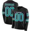 Custom Hockey Jersey – Triple Stripes Black Teal White Long Sleeve – front and back view