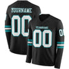 Custom Hockey Jersey – Triple Stripes Black White Teal Long Sleeve – front and back view