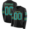 Custom Hockey Jersey – Triple Stripes Black Teal Old Gold Long Sleeve – front and back view