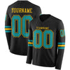 Custom Hockey Jersey – Triple Stripes Black Teal Yellow Long Sleeve – front and back view