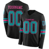 Custom Hockey Jersey – Triple Stripes Black Teal Pink Long Sleeve – front and back view