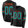 Custom Hockey Jersey – Triple Stripes Black Teal Orange Long Sleeve – front and back view