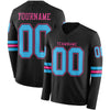 Custom Hockey Jersey – Triple Stripes Black Sky Blue Pink Long Sleeve – front and back view