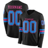 Custom Hockey Jersey – Triple Stripes Black Powder Blue Pink Long Sleeve – front and back view