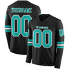 Custom Hockey Jersey – Triple Stripes Black Aqua White Long Sleeve – front and back view