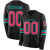 Custom Hockey Jersey – Triple Stripes Black Neon Pink Aqua Long Sleeve – front and back view