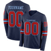 Custom Hockey Jersey – Triple Stripes Navy Red Light Blue Long Sleeve – front and back view