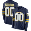 Custom Hockey Jersey – Triple Stripes Navy White Light Blue Yellow Long Sleeve – front and back view
