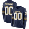 Custom Hockey Jersey – Triple Stripes Navy White Old Gold Long Sleeve – front and back view