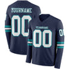 Custom Hockey Jersey – Triple Stripes Navy White Teal Long Sleeve – front and back view