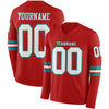 Custom Hockey Jersey – Triple Stripes Red White Teal Long Sleeve – front and back view