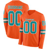 Custom Hockey Jersey – Triple Stripes Orange Teal White Long Sleeve – front and back view