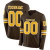 Custom Hockey Jersey – Triple Stripes Brown Gold White Long Sleeve – front and back view
