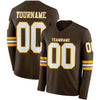 Custom Hockey Jersey – Triple Stripes Brown White Gold Long Sleeve – front and back view