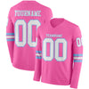 Custom Hockey Jersey – Triple Stripes Pink White Light Blue Long Sleeve – front and back view