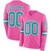 Custom Hockey Jersey – Triple Stripes Pink Aqua White Long Sleeve – front and back view