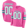 Custom Hockey Jersey – Triple Stripes Pink White Aqua Long Sleeve – front and back view