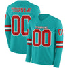 Custom Hockey Jersey – Triple Stripes Aqua Red White Long Sleeve – front and back view