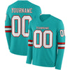 Custom Hockey Jersey – Triple Stripes Aqua White Red Long Sleeve – front and back view