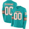 Custom Hockey Jersey – Triple Stripes Aqua White Orange Long Sleeve – front and back view