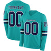 Custom Hockey Jersey – Triple Stripes Aqua Navy White Long Sleeve – front and back view