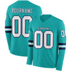Custom Hockey Jersey – Triple Stripes Aqua White Navy Long Sleeve – front and back view