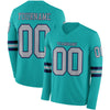 Custom Hockey Jersey – Triple Stripes Aqua Gray Navy Long Sleeve – front and back view