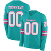 Custom Hockey Jersey – Triple Stripes Aqua White Pink Long Sleeve – front and back view