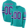 Custom Hockey Jersey – Triple Stripes Aqua Purple White Long Sleeve – front and back view
