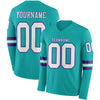 Custom Hockey Jersey – Triple Stripes Aqua White Purple Long Sleeve – front and back view