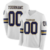 Custom Hockey Jersey – Triple Stripes White Navy Old Gold Long Sleeve – front and back view