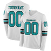 Custom Hockey Jersey – Triple Stripes White Teal Black Long Sleeve – front and back view