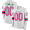 Custom Hockey Jersey – Triple Stripes White Pink Kelly Green Long Sleeve – front and back view
